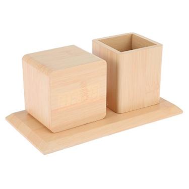 Imagem de Despertador de Madeira com Estojo para Caneta Relógio Digital Silencioso Funcional Estudante Medição Temperatura Três Alarmes Carregamento USB Bateria Voice-Activated Display 12 24H Brilho Ajustável D