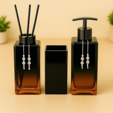 Imagem de Kit Lavabo Banheiro Luxo Square com Difusor, Sabonete Líquido e Porta Escova de Vidro(Preto Rose C/Preto)