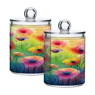 Imagem de ATTX Dispensador de suporte Qtip para pintura de flores coloridas para bola de algodão, cotonete, frasco de boticário transparente, decoração de casa, pote de armazenamento de cozinha, pacote com 2