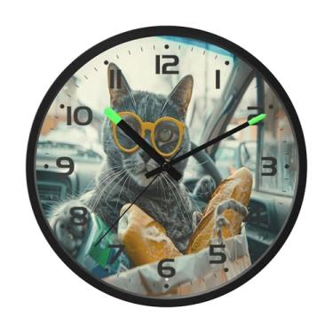 Imagem de SEHANY Relógio de parede engraçado para dirigir gato, silencioso, sem tique-taque, operado por bateria, controle de som, luz noturna, relógios de parede para sala de estar, cozinha, quarto, escritório