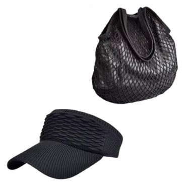 Imagem de Bolsa de praia feminina sacola grande e viseira piscina verão passeios (Preto)