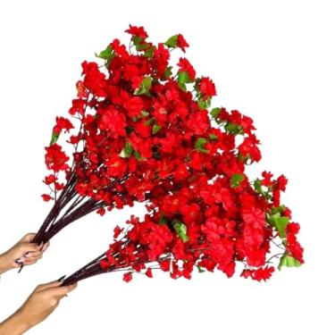 Imagem de Galho de Cerejeira Artificial 65cm – Kit 10 a 40 Ramos, Flor de Pessegueiro Estilo Oriental para Decoração de Casa, Casamento e Festas(Vermelho)