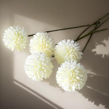 Imagem de 5 peças, bola de crisântemo artificial, flores, dente-de-leão, hortênsia, arranjo de flores, amigos, buquê de casamento, decoração de casa (branca)