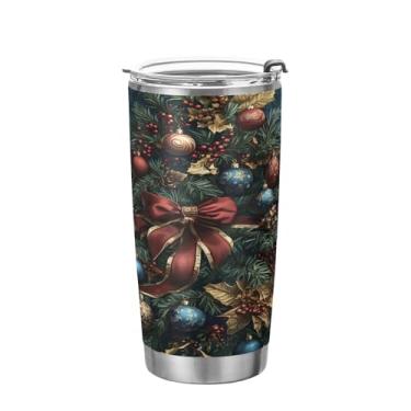 Imagem de YETTASBIN Copo de árvore de Natal com tampa de palha, copo de aço inoxidável de 590 ml, parede dupla, isolada a vácuo, caneca de café de viagem para bebidas quentes e frias