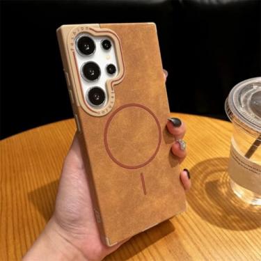 Imagem de HJZSZX Capa magnética de couro retrô com carregamento sem fio para Galaxy S24 Ultra, à prova de choque (para Galaxy S24 Ultra/cáqui escuro)