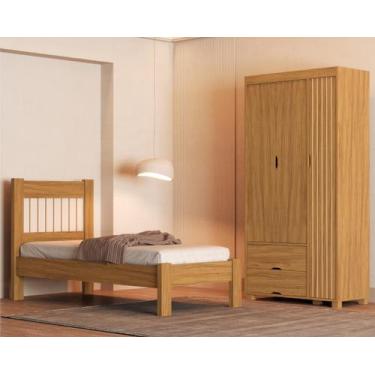 Imagem de Kit Cama Solteiro estilo ripado Para Quarto MDF Com Guarda Roupa 3 Por