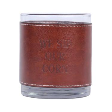 Imagem de Barrel Down South Derby Copos de pedra com manga de couro sintético - Copo duplo antigo de 325 ml - Copo de uísque Bourbon - Presentes para homens (bebemos nosso milho)