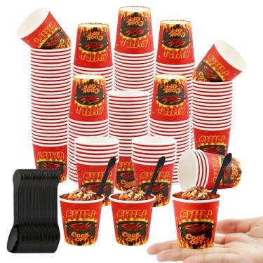 Imagem de 400 peças de decorações de festa Red Chili Cook off, 200 peças de papel descartável de 85 g Copos de amostra de alimentos e 200 peças de colher de plástico para decorações de chili Cook off