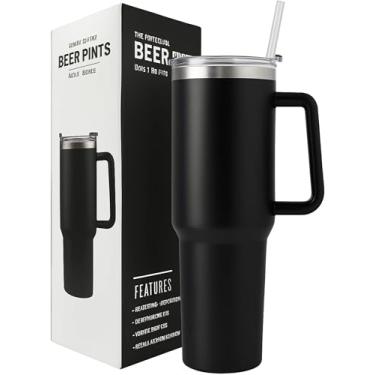 Imagem de Copo Térmico Grande 1200ml de Aço Inoxidável com Alça, Parede Dupla, Tampa com Canudo, Isolamento Térmico, Cilíndrico lisa preta