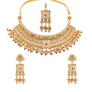 Imagem de Bodha Kundan tradicional indiano banhado a ouro, zircônia cúbica, gargantilha cravejada de casamento, colar Dori nupcial com brinco combinando conjunto de joias para mulheres - marrom, verde (SJN_272)