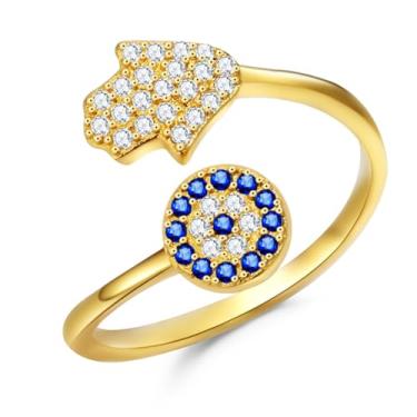 Imagem de YILUOCD Anel de mão de Fátima para mulheres com olho turco zircão pedra preciosa azul CZ anéis ajustáveis Hamsa mão dedo anel amuleto joia, Metal Pedras preciosas, Configuração de 4 pinos