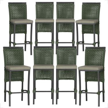 Imagem de 8 Banquetas Em Alumínio Roma Preta Corda Náutica Tecido 8 Verde