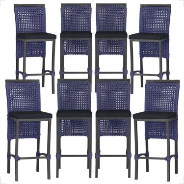 Imagem de 8 Banquetas Em Alumínio Roma Preta Corda Náutica Tecido 12 Azul