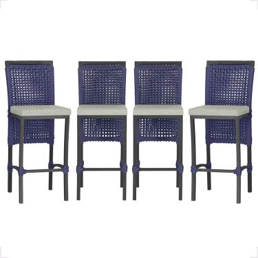 Imagem de 3 Banqueta Em Alumínio Roma Preta Corda Náutica Tecido 3 Azul