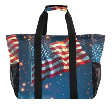 Imagem de ODAWA Bolsa de praia azul resistente à água com bandeira americana fogos de artifício para natação e piscina, bolsa leve de verão, Bandeira americana fogos de artifício azul, One Size