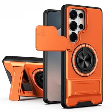 Imagem de LTLMYDAM Capa militar para Samsung Galaxy S25 Ultra/S25 Plus/S25, proteção de câmera giratória, anel magnético fino, capa de suporte, laranja, S25 Plus