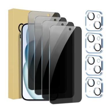 Imagem de Pacote com 4 + 4 protetores de tela de privacidade para iPhone 15 com protetor de lente de câmera cobertura total, película de vidro temperado anti-espião, dureza 9H, fácil instalação, sem bolhas [6,1