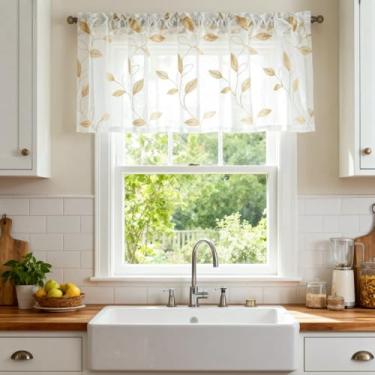 Imagem de VOGOL Saia bordada com folhas marrons, parte superior de janela semitransparente botânica para cozinha ou banheiro, cortina decorativa com filtro de luz, 1 painel, 132 x 45 cm