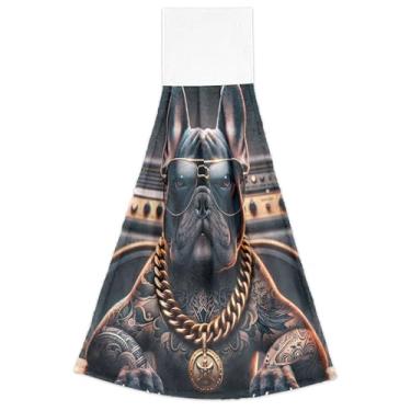 Imagem de Toalhas de mão engraçadas de cachorro fofo buldogue com laços para pendurar toalhas de gravata de banheiro conjunto de 2 toalhas absorventes macias para cozinha e banheiro, 45 x 35 cm