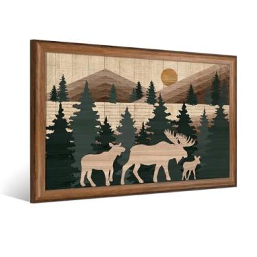 Imagem de Visual Art Decor Impressão em tela para decoração de parede de cabine decoração de parede de alce imagem floresta montanha alce pintura quarto banheiro sala de estar, moldura marrom 40 x 61 cm