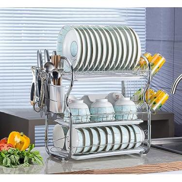 Imagem de Prateleira de Secagem Pratos 3 Camadas para Cozinha Conjunto Metal com Drenagem Suporte Utensílios Facas Pendurar Copo Balcão