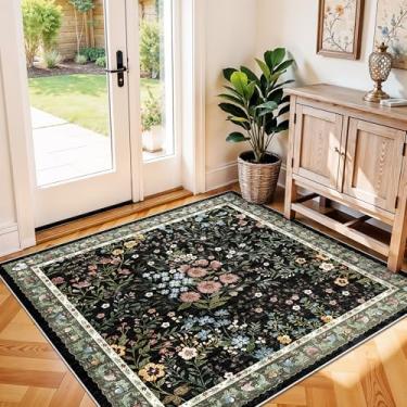 Imagem de Tapete de entrada para sala de estar 10 x 10 cm: tapetes de entrada laváveis florais antiderrapantes para piso interno, cozinha, quarto - tapete macio e fino para decoração de casa boho vintage