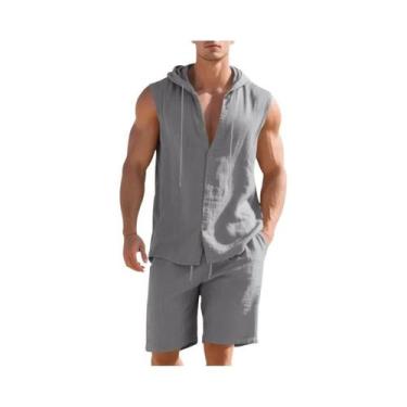 Imagem de Conjunto De Camisa Sem Mangas Com Capuz De Linho Para O Verão Masculin