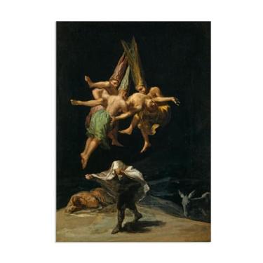 Imagem de Arte de parede Francisco Goya, Witches in Flight, 1797-1798, impressão em tela famosa reprodução de pinturas a óleo abstratas imagem emoldurada para decoração de casa pôster de 70 x 50 cm (28 x 20