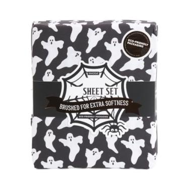 Imagem de Envogue Jogo de lençol Halloween Fantasma, tamanho solteiro, poliéster macio escovado, preto e branco