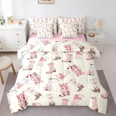 Imagem de Jogo de cama Queen com 7 peças de botas de vaqueira ocidental, laço rosa, para crianças, meninos, meninas, caubói rústica, selvagem e lençol com estampa de vaca em uma bolsa, decoração fofa para