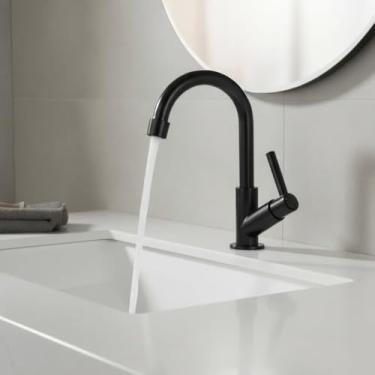 Imagem de Rede Multicoisas Torneira para Bancada, ABS, Acabamento Brilhante, Preta, Banheiro/Lavabo/Cuba, Montagem em Bancada, 1/4 de Volta, Bica Móvel, 1 Furo