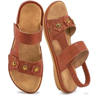 Imagem de Zorfe Sandálias rasteiras para mulheres: confortável gancho laço elástico tira no tornozelo verão casual sapatos de caminhada, Marrom, 39