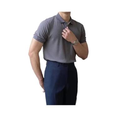 Imagem de Camisa Polo Masculina Slim Fit De Cor Sólida Com Listras Verticais, Re