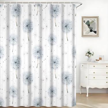 Imagem de TTQYFNM Cortina de chuveiro floral dente-de-leão rústica aquarela azul cinza flores silvestres cortina de banheiro decoração natureza plantas botânicas tecido impermeável cortinas de chuveiro conjunto