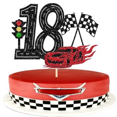 Imagem de 1 pacote de topo de bolo de carro de corrida feliz 18º aniversário glitter semáforo carro de corrida bandeira quadriculada palheta de bolo para tema de corrida chá de bebê meninos meninas crianças 18
