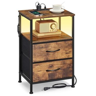 Imagem de SONGMICS Coleção Bellah – Mesa de cabeceira com estação de carregamento e luzes LED ajustáveis controladas por aplicativo, mesa lateral para cama, 2 gavetas e 1 prateleira aberta, quarto, marrom