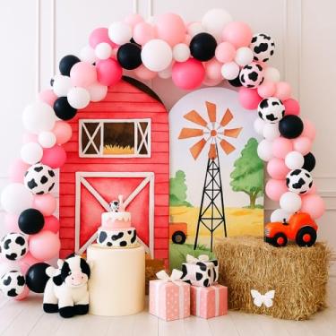 Imagem de Ellteecz Conjunto de 2 capas de pano de fundo de arco com tema de celeiro de fazenda 1º aniversário arco elástico capa de tecido infantil vaca chá de bebê festa festa adereço (2,2 m e 1,8 m, porta