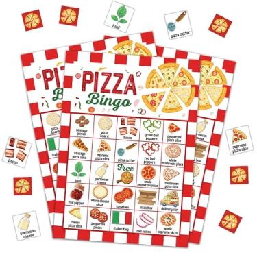 Imagem de DRWJPAT Jogo de bingo de pizza, jogos de festa de Páscoa feliz para adultos, cartões de jogo de bingo de coelho fofo para atividades de amigos em família em grupo grande, suprimentos de decoração de