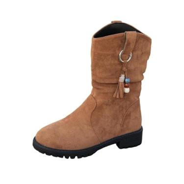 Imagem de Botas femininas casuais plissadas no tornozelo com ornamentos de borla, bico redondo, salto grosso de um pé para estilo de salto baixo, Marrom, 36