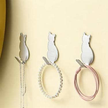 Imagem de 3 peças adoráveis ganchos de parede autoadesivos em forma de gato, cabides de parede de aço inoxidável à prova de ferrugem para pendurar casacos, toalhas, chaves no banheiro e cozinha - ideal para