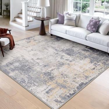 Imagem de RELEANY Tapetes laváveis, quadrados, 2,4 m, antiderrapantes, modernos, abstratos, macios para sala de estar, entrada, quarto, berçário, padrão impresso, roxo, cinza, amarelo creme