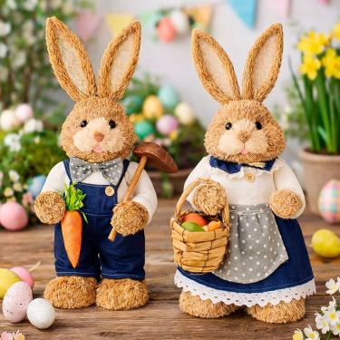 Imagem de Casal Coelho Coelhinho Enfeite Decoração Páscoa Palha 65cm