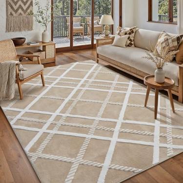 Imagem de HUGEAR Tapete felpudo 12,5 x 20,3 cm, bege, moderno, neutro, médio, supermacio, antiderrapante, antiderrapante, fácil de cuidar, 1,3 cm de espessura para áreas de alto tráfego na sala de estar, quarto