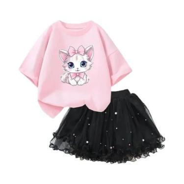 Imagem de Conjunto De Roupa De Verão Para Meninas, Camiseta Com Estampa De Gato 