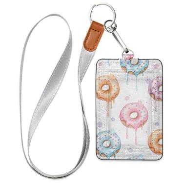 Imagem de Burbuja Porta-crachá de couro com cordão, etiqueta de identificação pingando donut com 1 janela transparente para identidade e 2 compartimentos para cartão para escritório, enfermeira, professor