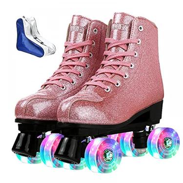 Imagem de Patins para mulheres e homens sapatos de skate de cano alto de couro PU brilhante para iniciantes clássicos patins de duas fileiras, patins internos e externos (rodas flash rosa cristal, 41)