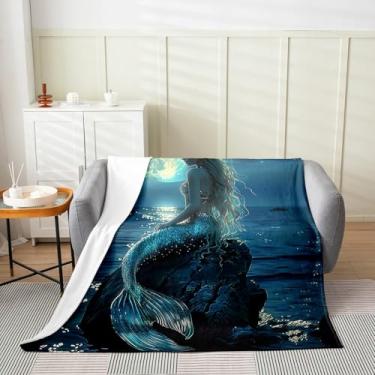 Imagem de Cobertor de flanela infantil princesa sereia, cobertor romântico luar com estrelas brilhantes, mundo subaquático, vida marinha, mantas aconchegantes para cama, sofá, azul, macio e respirável, 102 x