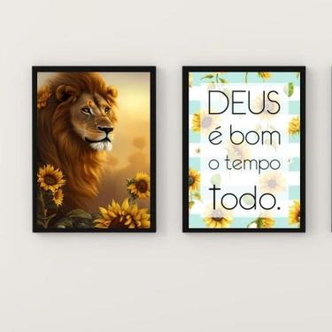 Imagem de Kit 2 Quadros Leão Girassóis Deus é Bom 45x34cm - Com Vidro