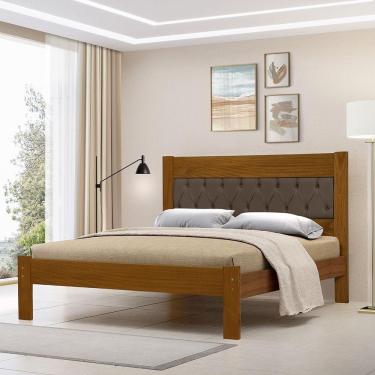 Imagem de Cama De Casal Viena Com Cabeceira Captonê Veludo Marrom Madeira Castanho