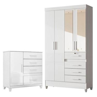 Imagem de Guarda Roupa Infantil Sobral Com Espelho E Cômoda Vênus Com Pés Branco Flex - Moval
